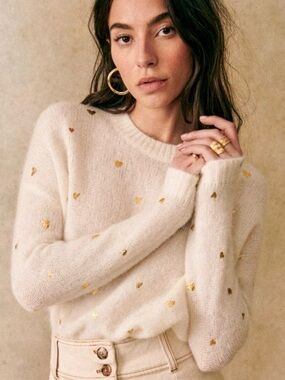 Sezane Cream Crewneck Sweater with Gold Heart Accents